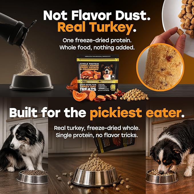Turkey Day Treats & Meal Topper – Freeze-Dried Turkey Dog Treats, Kibble Mixer with Pumpkin & Sweet Potato – 30% Single Protein, Grain-Free Training Treats – Made in USA, 5.5 oz