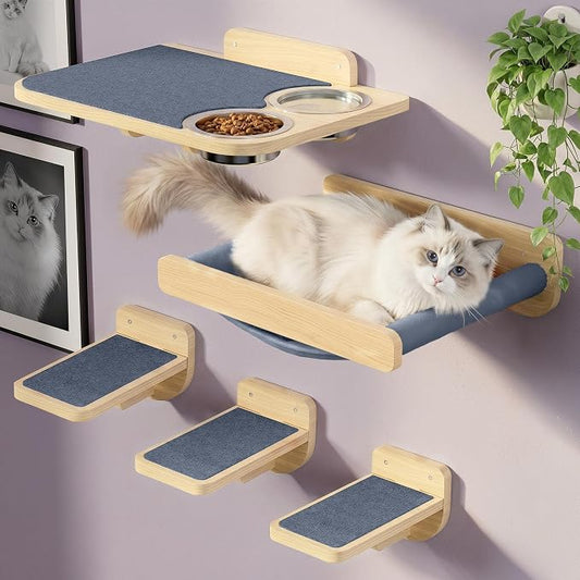 Cat Wall Shelves - Wall Mounted Cat Shelves with Feeding Station | Natural Wood Finish, Solid Pinewood, Gray Carpet, Supports Up to 33 lbs, Stainless Bowls, Dog-proof, Lounging, Climbing