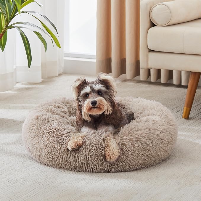 Western Home Calming Donut Small Dog Cat Bed Washable Puppy Bed,24" Brown | Fluffy Faux Fur Round Cuddler,Anti-Anxiety,Anti-Slip Bottom,Pet Beds for Puppy&Small Dogs&Large Cat,Up to 25 LBS