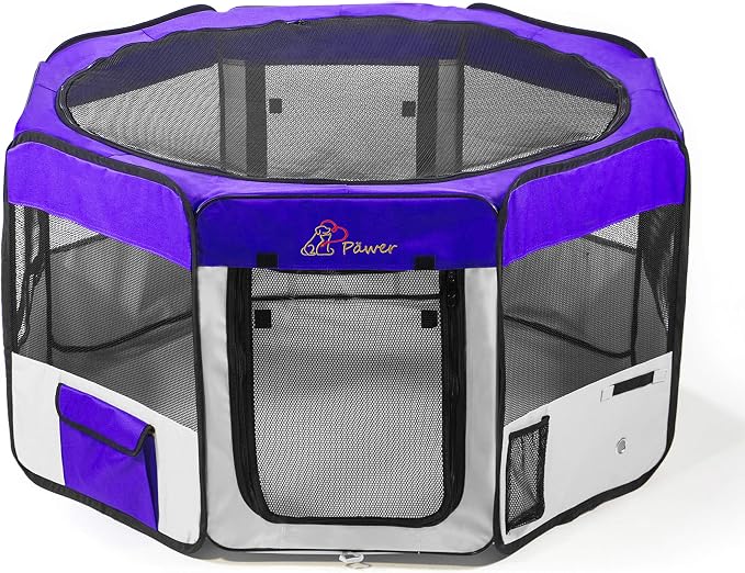 Pawer 45”×24” 8-Panel Foldable Pet Playpen, Violet+Grey, Personalize Embroidery Extra Fabric Piece Available, for Cat/Dog/Puppy, 600D Oxford Cloth Portable Indoor & Outdoor Kennel with Carry Bag