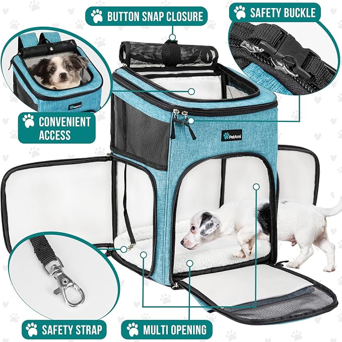 PetAmi Dog Backpack Carrier, Airline Approved 4-Way Entry Cat Backpack Carrier, Ventilated Mesh, Collapsible Pet Carrier for Small Puppy, Kitten, Hiking, Travel Car, Vet, up to 18 lbs, Turquoise