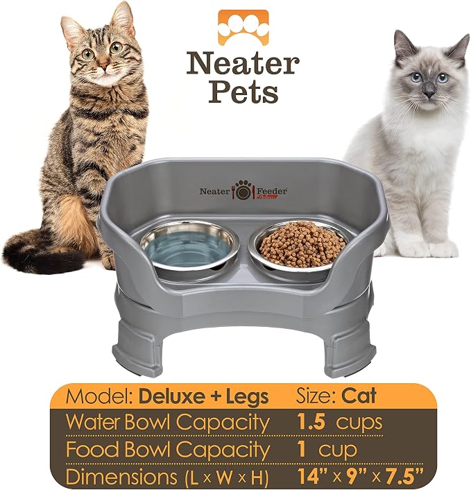 Neater Feeder Deluxe Mess-Proof Elevated Cat Bowls, 2 Height Adjustable (6” & 7.5”) No-Spill Raised Cat Bowl Stand, Whisker Friendly Stainless Steel Dishes for Indoor Cats, Made in USA, Gunmetal