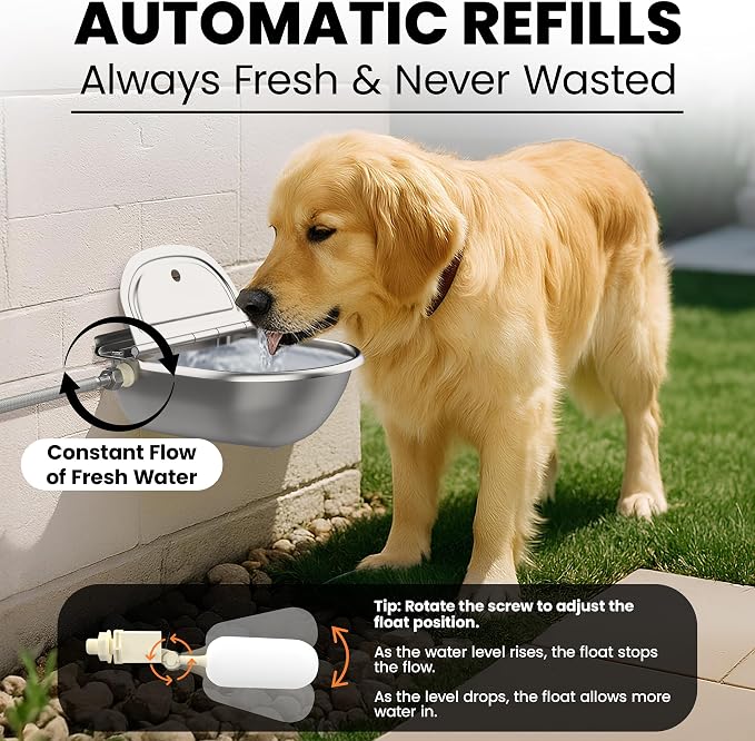 Automatic Animal Drinking Water Bowl with 2 Float Valves-304 Stainless Steel Automatic Water Dispenser for Dogs & Farm Animals, Auto-Refill, Leakproof Drain Hole, Extra Long 100cm Hose