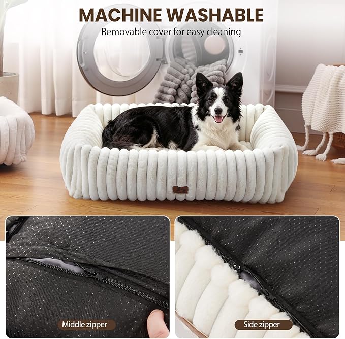 Dog Beds Large Sized Dog,Rectangle Orthopedic Pet Bed for Large Dog, Comfort Fluffy Memory Foam Dog Beds with Anti-Slip Bottom,Cream(35x25x9inchs)