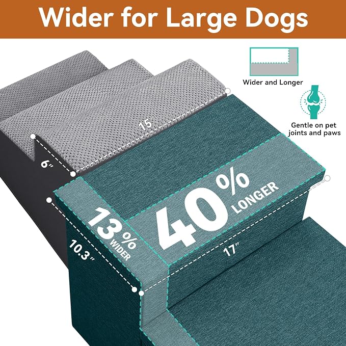 Zerbuger Dog Stairs with Storage, Dark Green 3 Steps Dog Ramp no Condo | 18" H Wider Dog Steps for High Beds Couch, Folding Storage Pet Stairs Gift for Climbing Small/Medium/Large Old Dogs Cats