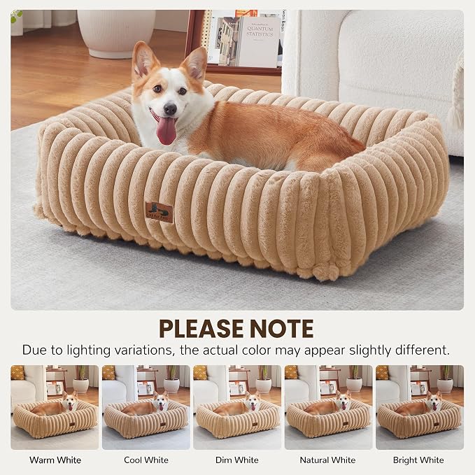 Dog Bed Medium Size Dog, Rectangle Orthopedic Pet Bed for Car and Indoor, Comfort Fluffy Memory Foam Dog Beds with Anti-Slip Bottom, Camel(30x24x8inchs)