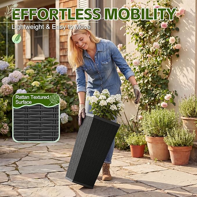 Devoko Resin Tall Planters for Outdoor Plants Set of 2, Large Taper Outdoor Planter Pots with 4 Drainage Holes, Flower Pots Modern Decor for Porch, Patio, Backyard, Home Garden (Black, 24'')