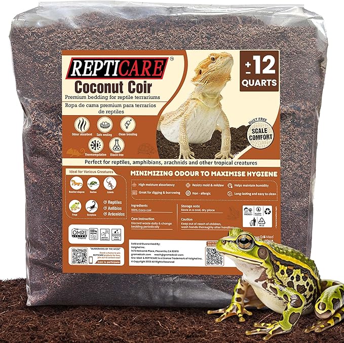 Gro-Med ReptiCare Coconut Fiber Substrate for Reptiles 12 Q, Organic Ready to Use - Odor Absorbent Coco Coir Terrarium Bedding for Ball Pythons, Boas, Snakes, Tortoises, Geckos, Frogs and Tarantulas