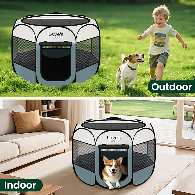 Love's cabin Pet Puppy Dog Playpen, Large Dog Tent Crates Cage Indoor/Outdoor, Portable Playpen for Cat, Foldable Pop Up Dog Kennel Playpen with Carring Case, Removable Zipper Top, Moss Green