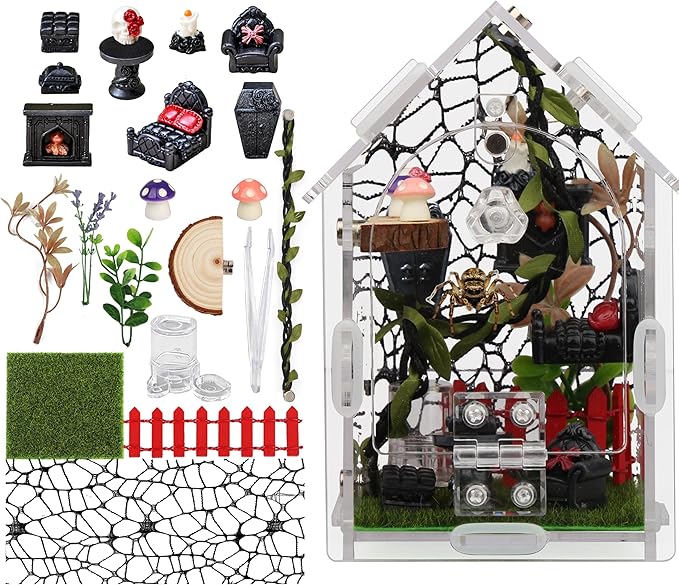 Jumping Spider Enclosure Kit, 22-Piece Acrylic Terrarium with Gothic Furniture & Magnetic Feeding Door, Clear 360 View Small Spider Habitat for Tarantula Mantis Beetle Scorpion