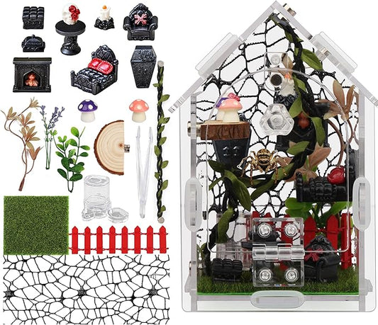 Jumping Spider Enclosure Kit, 22-Piece Acrylic Terrarium with Gothic Furniture & Magnetic Feeding Door, Clear 360 View Small Spider Habitat for Tarantula Mantis Beetle Scorpion
