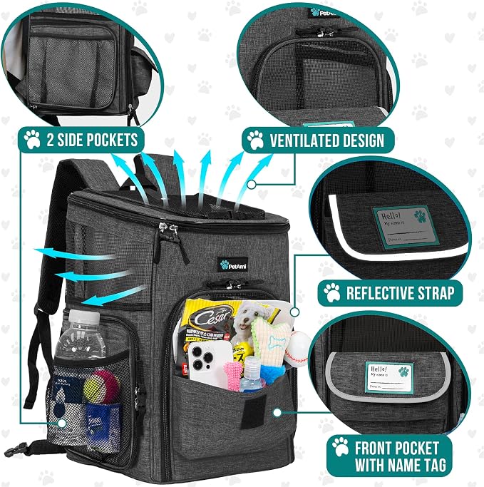 PetAmi Dog Backpack Carrier, Airline Approved 4-Way Entry Cat Backpack Carrier, Ventilated Mesh, Collapsible Pet Carrier for Small Puppy, Kitten, Hiking, Travel Car, Vet, up to 18 lbs, Charcoal Gray