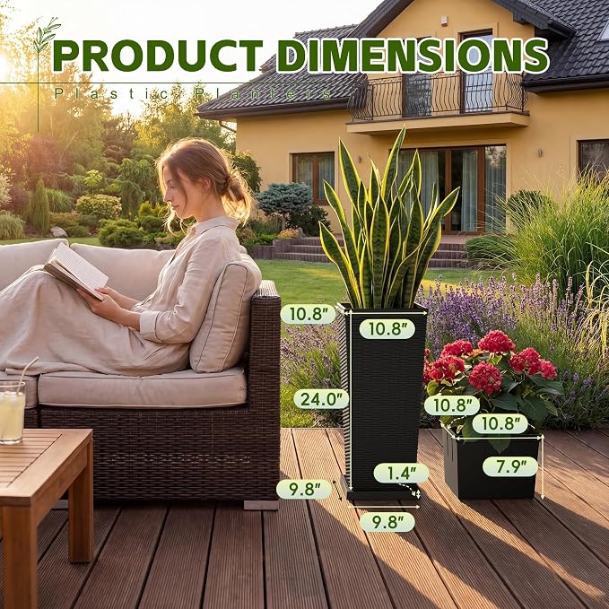 Devoko Resin Tall Planters for Outdoor Plants Set of 2, Large Taper Outdoor Planter Pots with 4 Drainage Holes, Flower Pots Modern Decor for Porch, Patio, Backyard, Garden(Black, 24''with Trays)