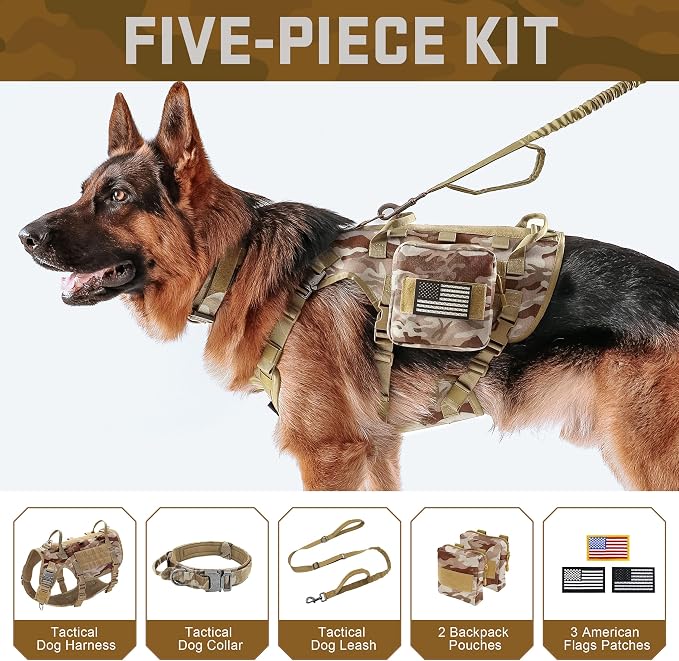 Forestpaw Tactical Dog Harness Tactical Dog Collar with Bungee Leash Set,No Pull Military Dog Harness for Walking Training,Adjustable for Medium Large Dogs,Camouflage Brown,Chest 27-40"