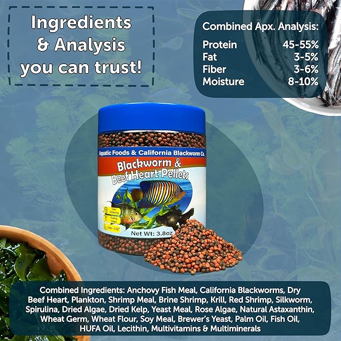 Aquatic Foods Inc. 1mm -1/32" California Blackworm & Beef Heart Floating Pellets for Marines, Cichlids, Tropical Fish, Koi & Pond Fish, 4-Type Wafer & 12-Type Pellet Mix Included...1-lb Canister