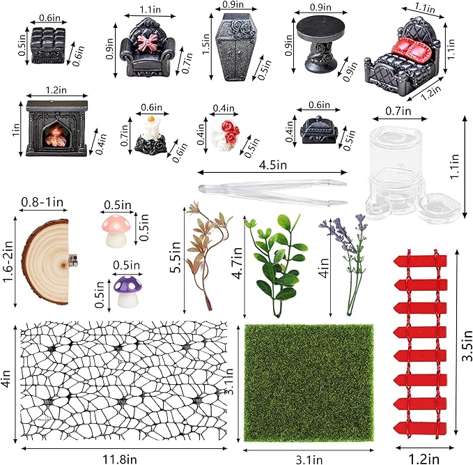 20Pcs Jumping Spider Enclosure Accessories Kit, Gothic Mini Furniture & Decor Set for Tarantula Habitat, Includes Feeder, Ledge, Hideout, Climbing Net, Plants, Mushrooms (No Glue, No Tank)