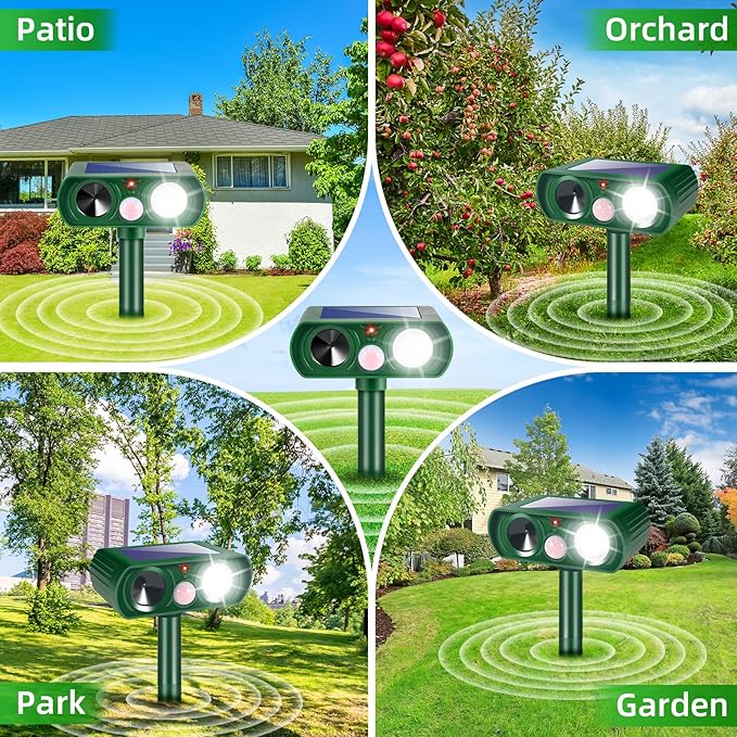 4 Pack Upgraded Sonic Fortress Pro Deer Repellent Cat Deterrent Solar Animal Repellent Ultrasonic Outdoor with Motion Sensor Strobe Light for Skunk Rabbit Raccoon Squirrel Fortress Pro for Yard Garden