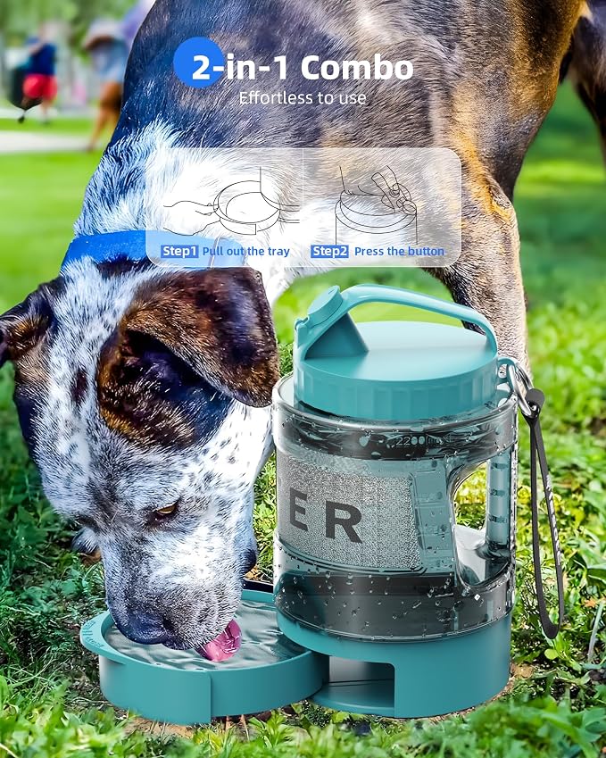 lesotc Portable Dog Water Bowl Dispenser - 77oz Travel Water Bottle with Pop-Out Drinking Bowl, No-Spill Design for Camping, Hiking & Car Rides - Keep Your Dog Hydrated Anywhere, LightBlue