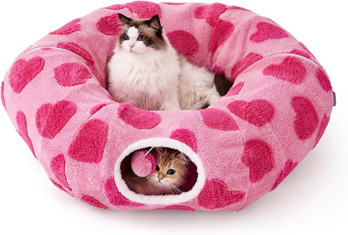Lesure Donut Cute Jacquard Cat Tunnel Bed Kitten Toys for Puppy Bunny | 33.5x33.5x10in,Round Cat Bed Tube for Indoor Cats Rabbit Dog,Pet Peekaboo Cave Toy,Spiral Hideaway,Washable Cushion
