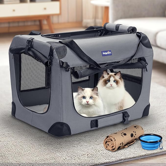 Petprsco Portable Collapsible Dog Crate, 24" Soft Dog Crate for Car Travel | Includes Mat, Blanket & Bowl, Strong Fabric, 4-sided Mesh Vents, 3 Doors, Fit Small Dogs & Large Cats Indoor and Outdoor Use