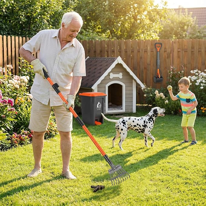 Pooper Scooper 6 Pack Set -INCL 15L Trash Can Outside, 20 Waste Bags, 38" Long Handle Dog Pooper Scooper Rake Tray Spade Set for Large Dog,OdorLock Step Can for no Touch Dog Poop for Grass/Gravel