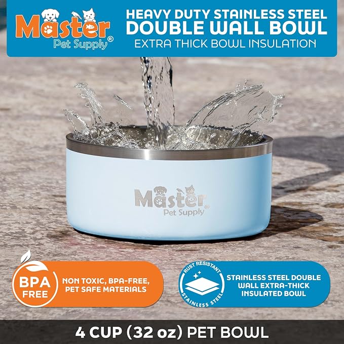 Master Pet Supply Stainless Steel Dog Bowls - 32 oz, Heavy Duty - Glacier Blue, Double Wall Extra-Thick Insulated, Non-Slip Pet Water Bowl for Dogs, Cats & Pets, Anti Rust Metal, Dish Washer Safe
