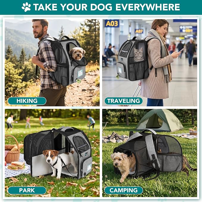 PetAmi Expandable Dog Backpack Carrier for Cats & Pets, Breathable Cat Carrier Backpack with Top Window & Multi-Entry, Ventilated Foldable Travel Carrier for Small Medium Pets up to 18 lbs, Light Gray