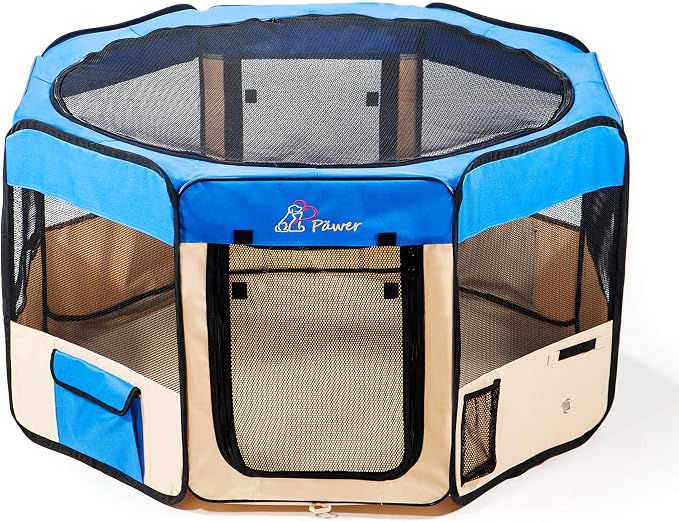 Pawer 36”×18.5” 8-Panel Foldable Pet Playpen, for Small Medium Cat/Dog/Puppy, Blue+Beige, 600D Oxford Cloth Portable Indoor & Outdoor Kennel with Carry Bag, Multiple Sizes & Colors Available