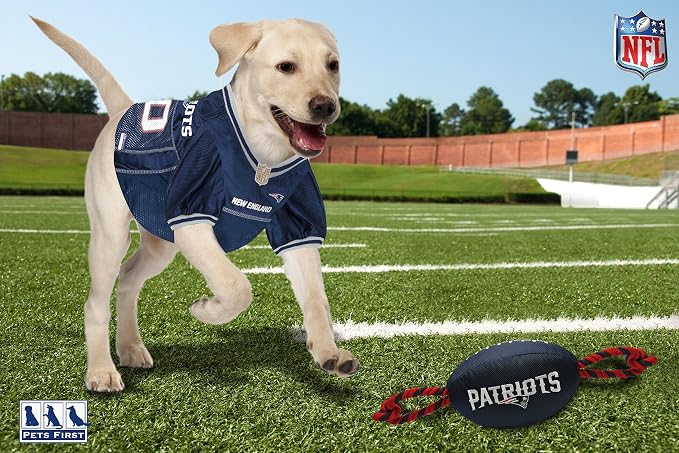 NFL New England Patriots PET GIFT BOX with 2 Licensed DOG TOYS, 1 Logo-engraved NATURAL DOG TREAT, 1 NFL JERSEY, 1 NFL Puppy Training Bells & 1 Car Seatbelt