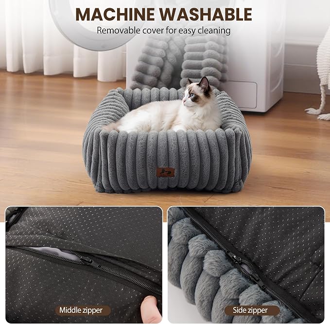 Cute Dog Bed for Small Dogs & Cats,Washable Fluffy Cat Beds for Indoor Cats, Rectangle Orthopedic Memory Foam Puppy Beds with Anti-Slip Bottom, 20 x19 x 7 Inches, Grey(20x19x6inchs)