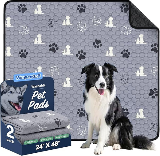 WanpeeGoo Washable Pee Pads, Puppy Pee Pad for Dogs, 2 Pack Absorbent Reusable Training Dog Pads Pet Puppy Pads, Non-Slip Potty Pads for Whelping, Playpen, Crate, Bed, Grey 24"x48"
