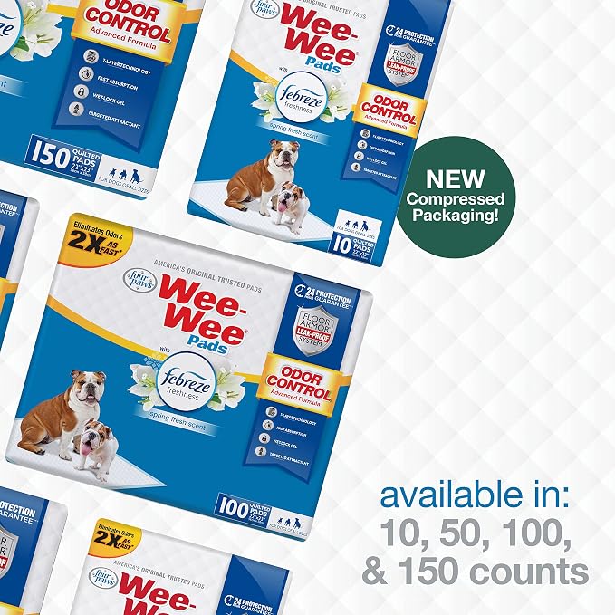 Four Paws Wee-Wee Odor Control Dog Pee Pads with Febreze Freshness | 10 count, spring fresh scent, neutralizes ammonia odors, pee pads for dogs & puppies, dog housebreaking, 22" x 23"