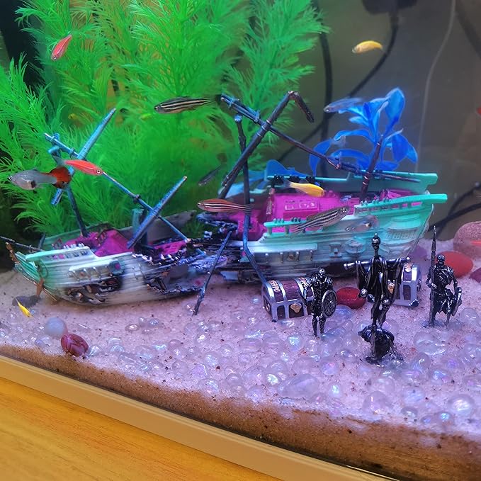 Aquarium Fish Tank Decorations, Decor Accessories Set for Glofish/Betta Fish Bowl, Small Landscape Ornaments for Guppy Fishtank, Figurines of Undead Pirates at the Bottom of the Caribbean, Cupronickel
