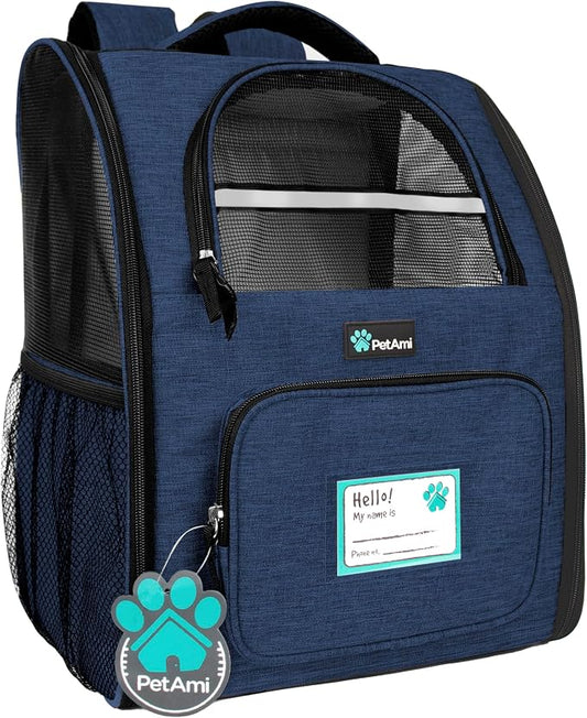PetAmi Dog Backpack Carrier for Small Medium Dogs Large Cats up to 18 lbs, 2 Side Entry, Structured No-Collapse Frame, Airline Approved Ventilated Pet Backpack for Hiking Camping Travel Vet, Navy