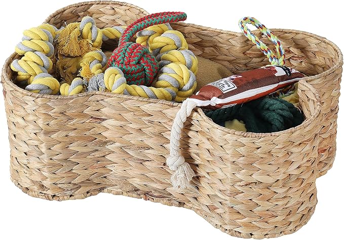 Loxley Toy Storage Bone Shaped Seagrass Pet Basket,Small 17.75-in Handwoven Storage Bin for Dog Toys & Accessories Durable Home Organizer Wipe Clean