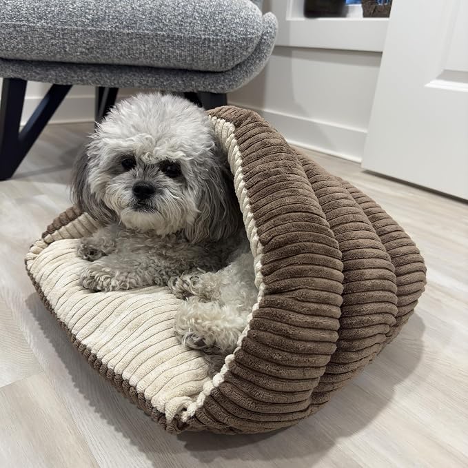 SPOT Sleep Zone Cuddle Cave - Cat Cave Bed for Indoor Cats and Mini Dogs, Durable, Comfortable, Washable for Kittens and Puppies Under 10 lbs and 12 inches Long, Corduroy Brown