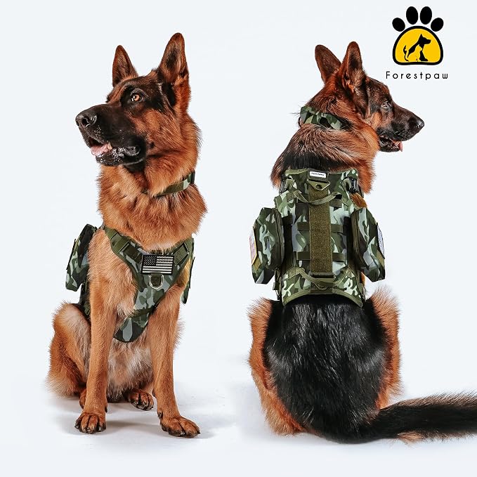 Forestpaw Tactical Dog Harness Tactical Dog Collar with Bungee Leash Set,No Pull Military Dog Harness for Walking Training,Adjustable for Medium Dogs,Camouflage Green,Chest 17-25"