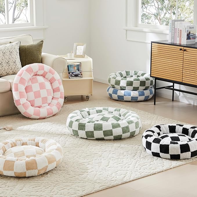 Ohocut Checkered Cat Dog Bed, Cute Black White Retro Style Aesthetic Round Warming Pet Calming Beds for Small Dog and Cats, Plush Cozy Donut Beds Washable, 23" L x 23" W x 8" Th
