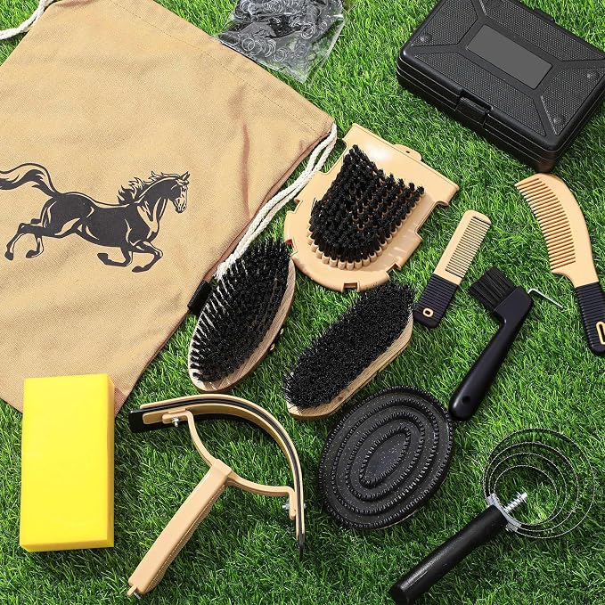 Abbylike 12 Pieces Horse Grooming Kit Racing Festival Tack Room Supplies Horse Brush Sets Equine Care Cleaning Kit Shedding Grooming Massaging Tools(Black)
