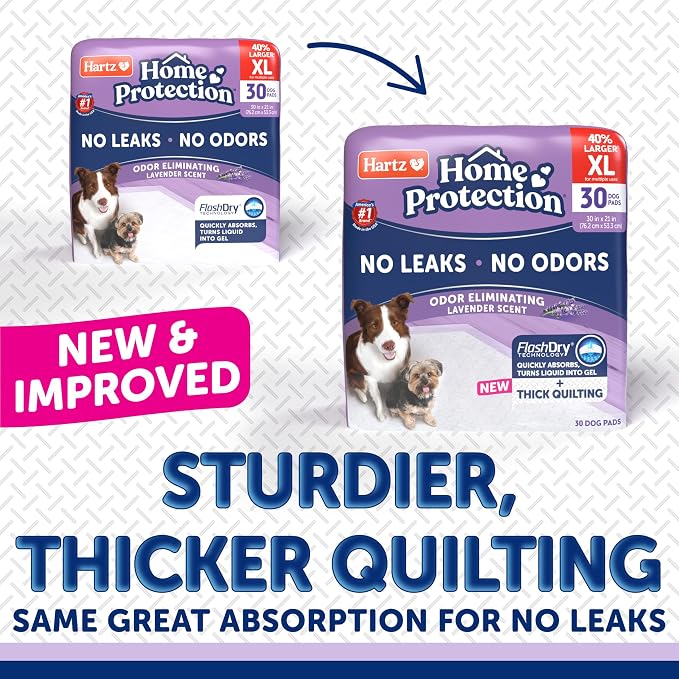 Hartz Home Protection Super Absorbent Odor Eliminating Lavender Scented No Leak Dog Pads, XL 30 Count (Pack of 2)