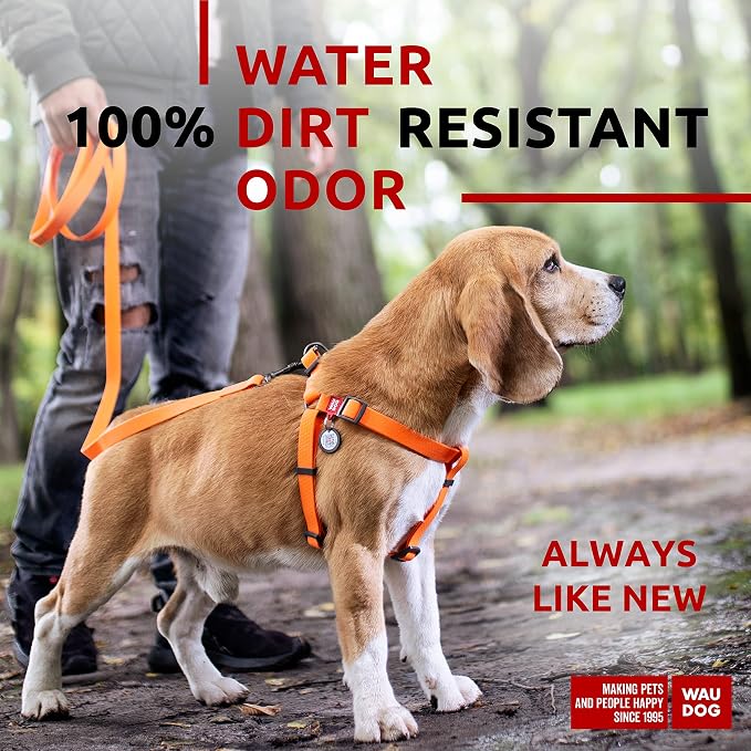 WAUDOG Waterproof Dog Harness - Adjustable for Large, Small and Medium Dogs - Heavy Duty with Durable Metal Clasp and QR Tag - Boy & Girl - Orange (20-32in)