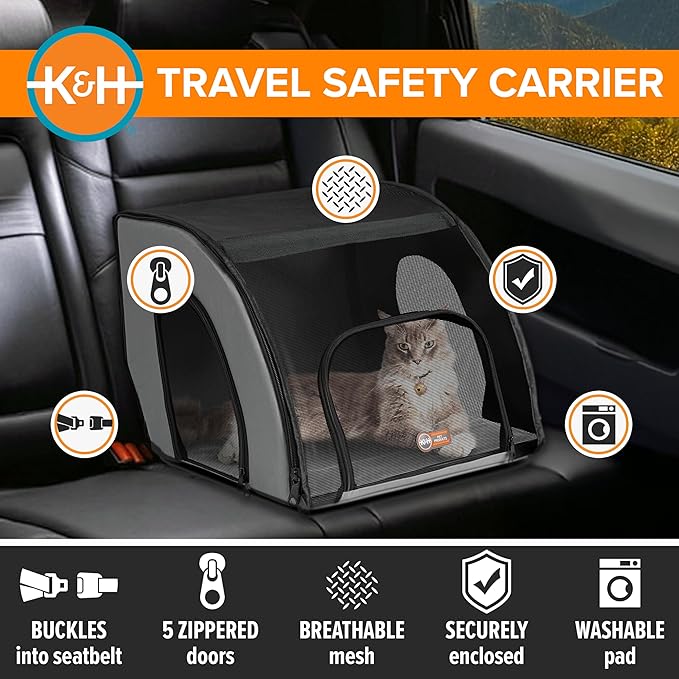 K&H Dog Car Seat, Travel Safety Carrier for Pets, Small, Gray/Black | Enclosed Car Seat for Dogs, Soft-Sided Covered Pet Carrier, Washable Pad, Multiple Entrances, Mesh Windows, 17x16x15in