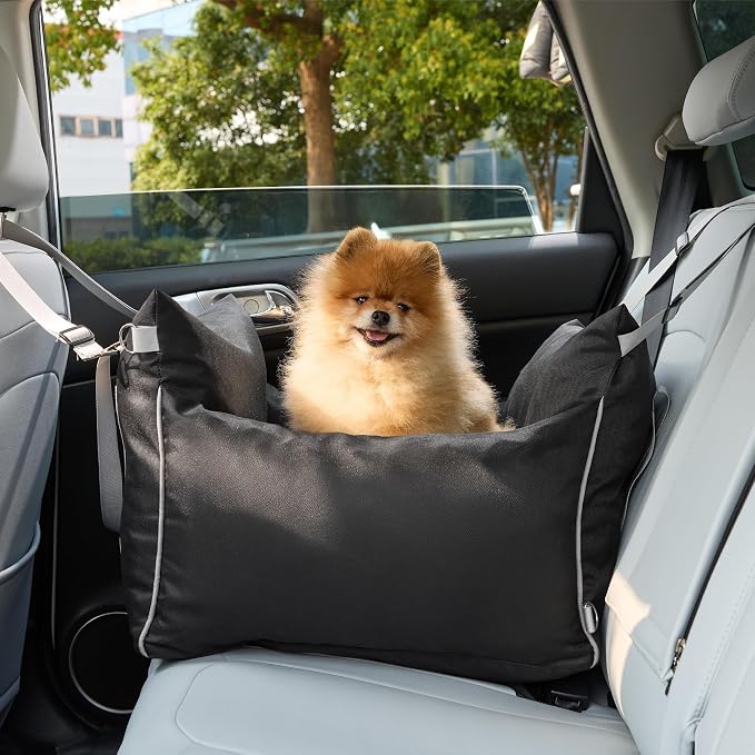 Lesure Dog Car Seat for Small Dogs,Booster Car Bed for Puppy Under 25lbs | Soft Pet Carseat with Clip-On Safety Leash and Thickened Memory Foam Filling,Dog Travel Carrier Bed with Storage Pocket,Black