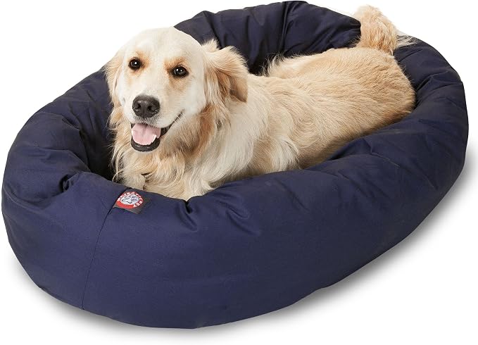 Majestic Pet Bagel Calming Dog Bed, 40 Inch Large, Round, Washable, Blue | Cozy Soft Fluffy Donut Pet Bed with Spine Support for Head Rest – Anti-Anxiety Comfort for Puppies & Dogs, 40x29x9 Inches