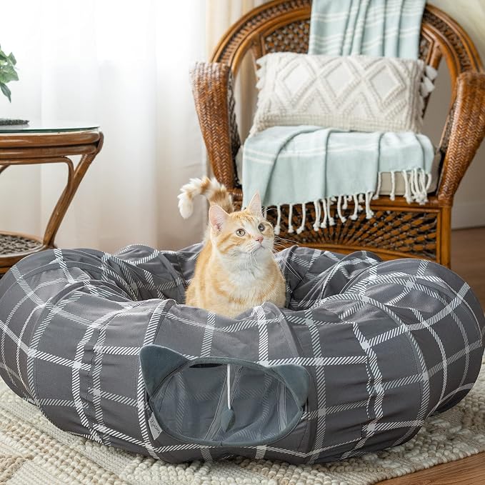 Kitty City Large Cat Tunnel Bed, 2-in-1 Zip-Together Cat Play Tunnel & Plush Nap Bed, Pop-Up Indoor Cat Toy with Hanging Toys, Collapsible Design - Grey