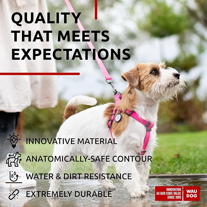 WAUDOG Waterproof Dog Harness - Adjustable, Heavy Duty with Durable Metal Clasp & QR Dog Tag - Modern Style for Medium Dogs - Pink, Size S: 16-22"