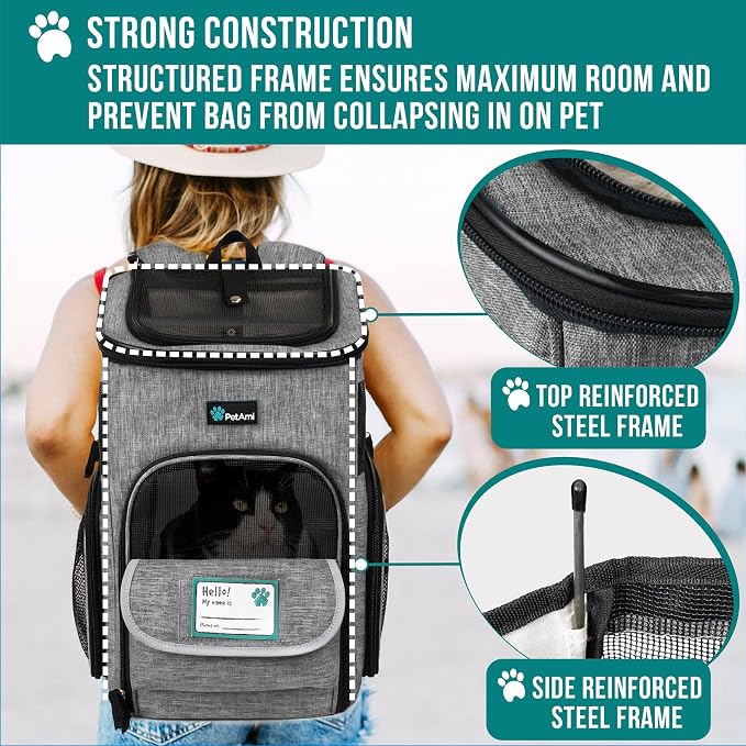PetAmi Dog Backpack Carrier, Airline Approved 4-Way Entry Cat Backpack Carrier, Ventilated Mesh, Collapsible Pet Carrier for Small Puppy, Kitten, Hiking, Travel Car, Vet, up to 18 lbs, Heather Gray