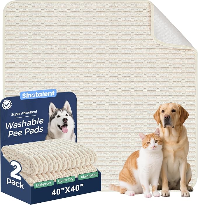 Washable Pee Pads for Dogs Puppy Pad, Cream White 40”x40” 2 Pack | High Absorbent Dog Pee Pad Leak Proof Cat Rugs, Reusable Non Slip Pet Mat, Wee Wee Pads for Training, Crate and Floor