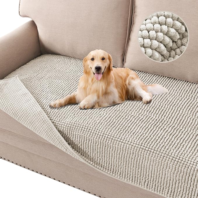H.VERSAILTEX Plush Chenille Dog Bed Cover Thick Soft Sofa Covers Loveseat Cover for 2 Cushion Couch Anti Slip Couch Cover Furniture Protector for Dog, Pet, Cat (35" x 62", Oatmeal)