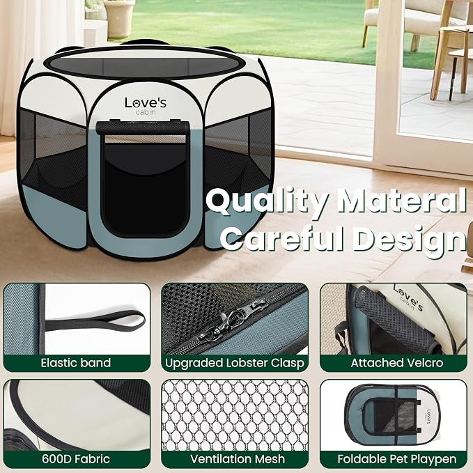 Love's cabin Pet Puppy Dog Playpen, Small Dog Tent Crates Cage Indoor/Outdoor, Portable Playpen for Cat, Foldable Pop Up Dog Kennel Playpen with Carring Case, Removable Zipper Top, Moss Green